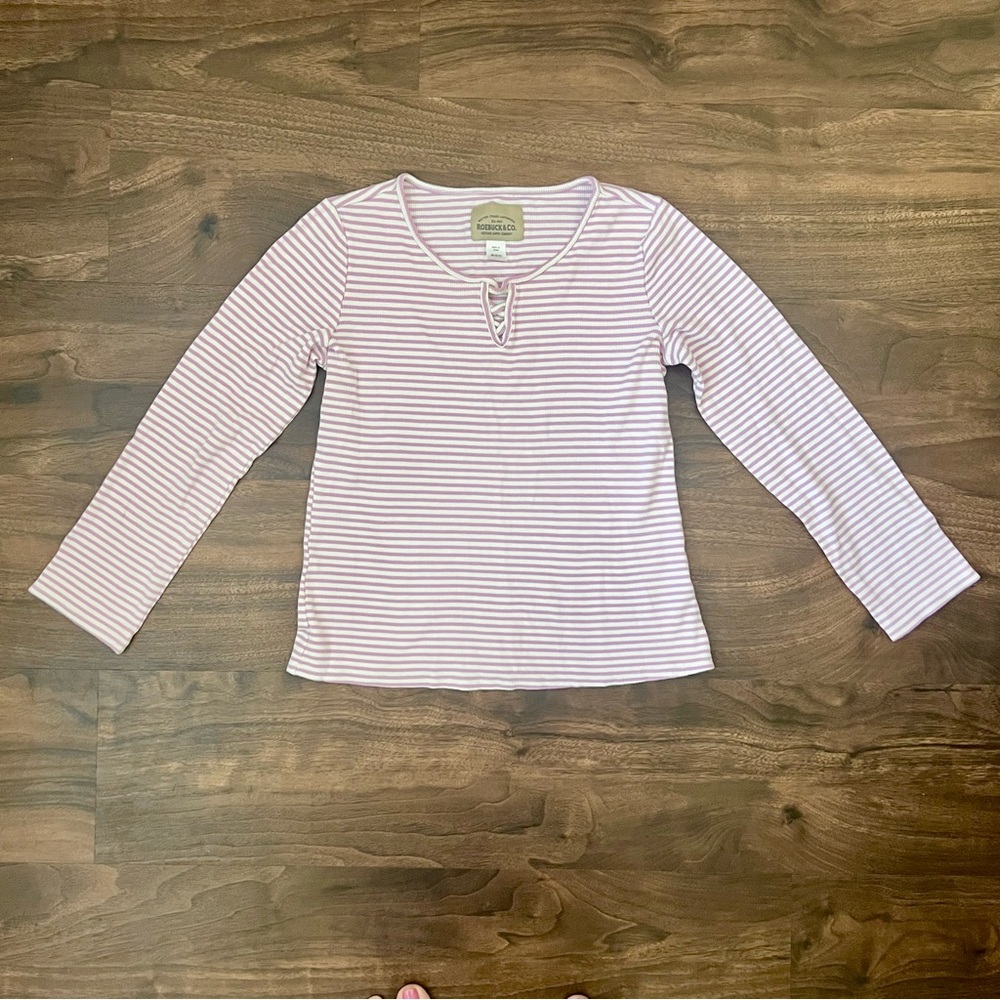 Roebuck & Co. Long Sleeve Henley Tee Pink White Stripped Waffle Texture Size M